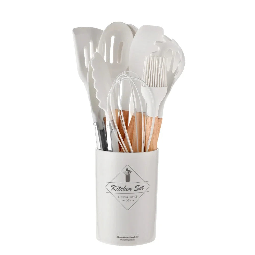 12-Piece Silicone Kitchen Utensil Set with Wooden Handles