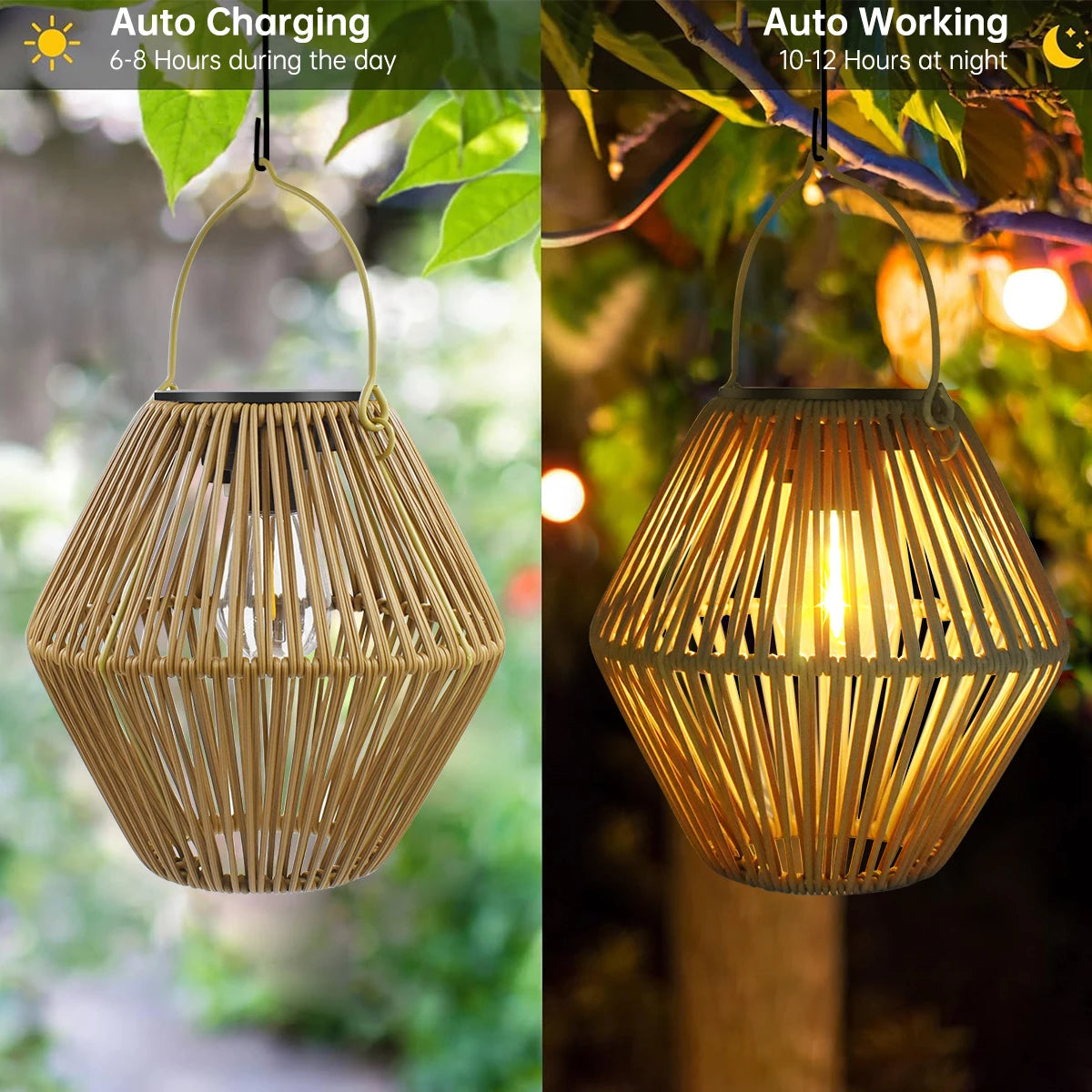 Solar Lantern Outdoor Hanging Waterproof Woven Bamboo Boho Garden Lamp