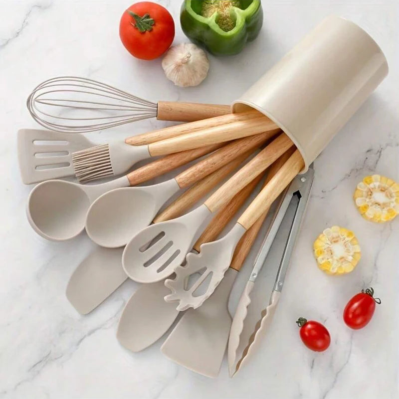 12-Piece Silicone Kitchen Utensil Set with Wood Handles