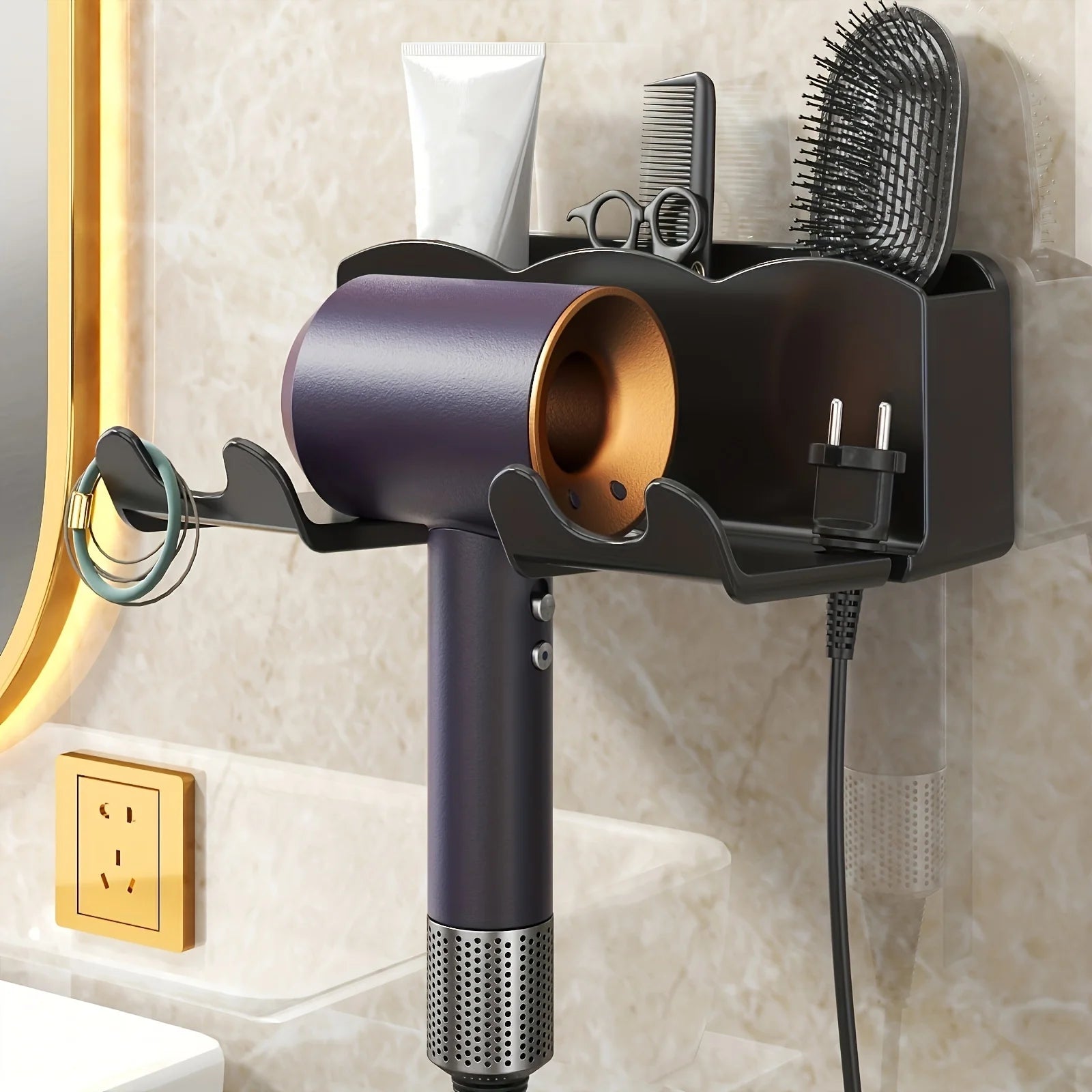 Wall Mounted Hair Dryer Holder No Drill 2-in-1 Compact Storage Rack