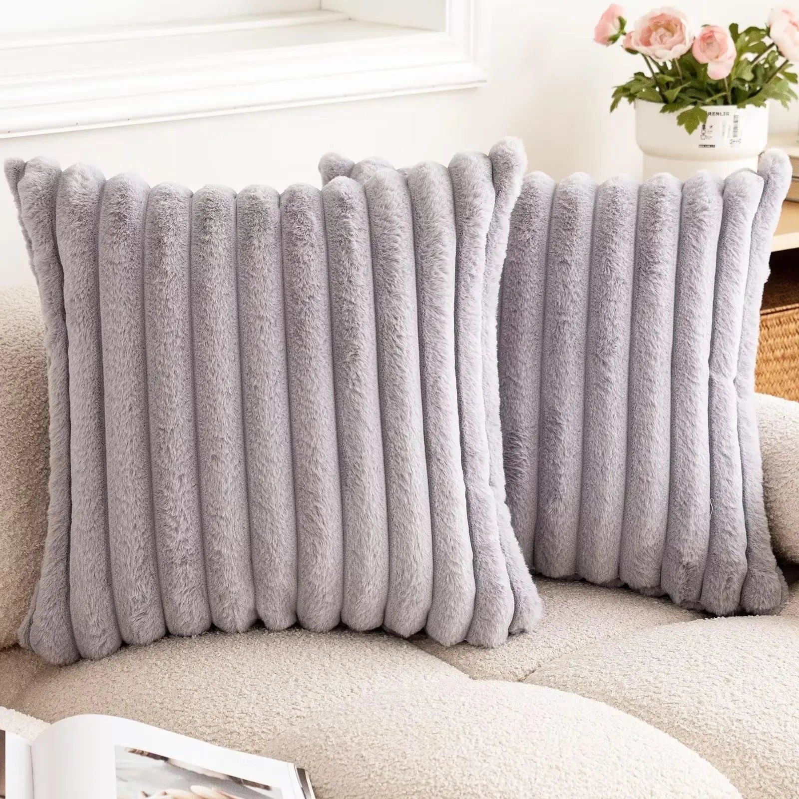Faux Rabbit Fur Throw Pillow Cover 24x24 Striped Soft Sofa Cushion