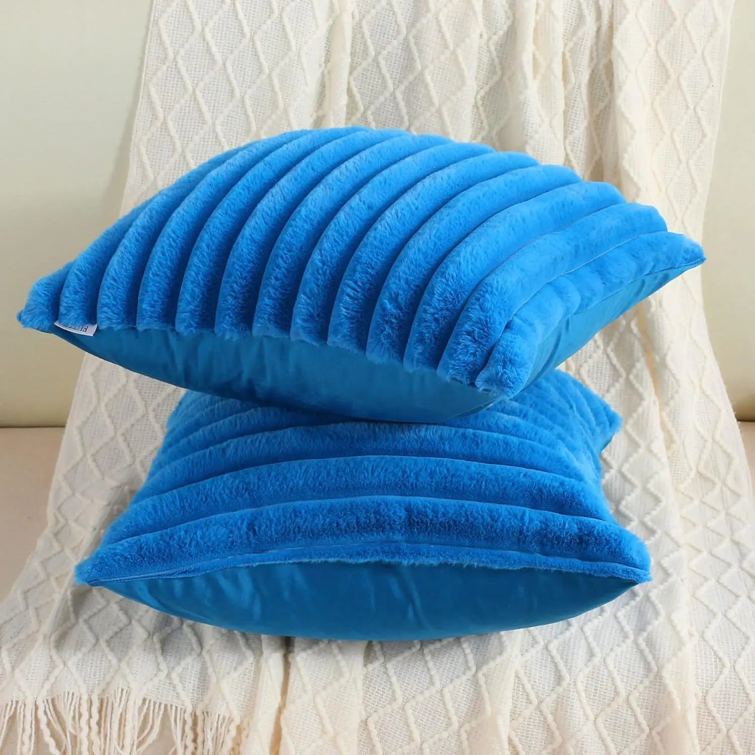 Faux Rabbit Fur Throw Pillow Cover 24x24 Striped Soft Sofa Cushion