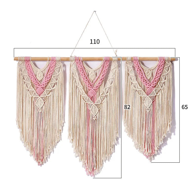 Large Boho Macrame Wall Hanging with Wooden Stick and Tassels
