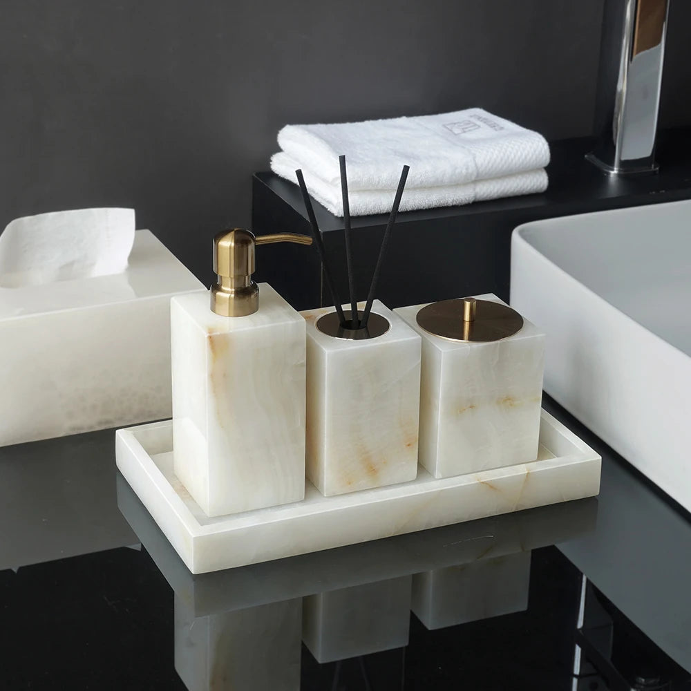 White Onyx Marble Bathroom Accessories Set with Soap Dispenser & Tray