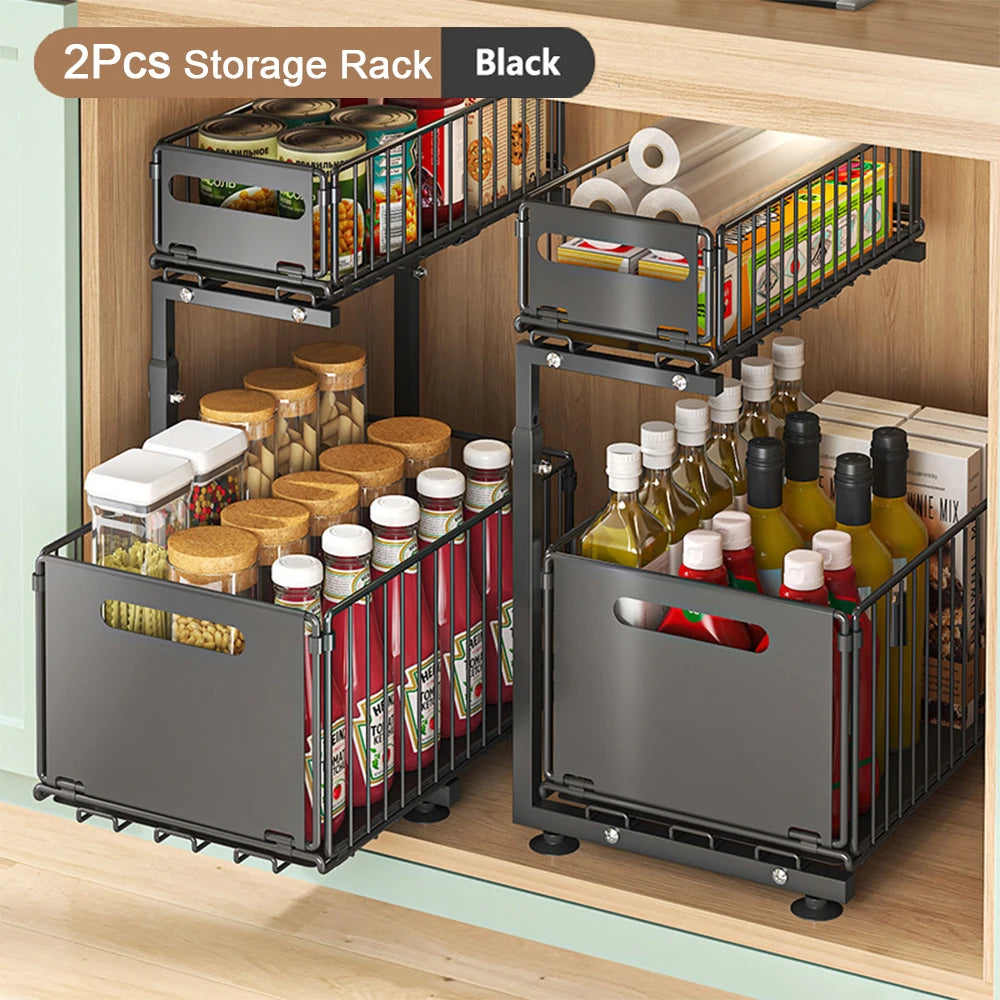 2-Tier Pull-Out Cabinet Organizer with Adjustable Slide-Out Drawers