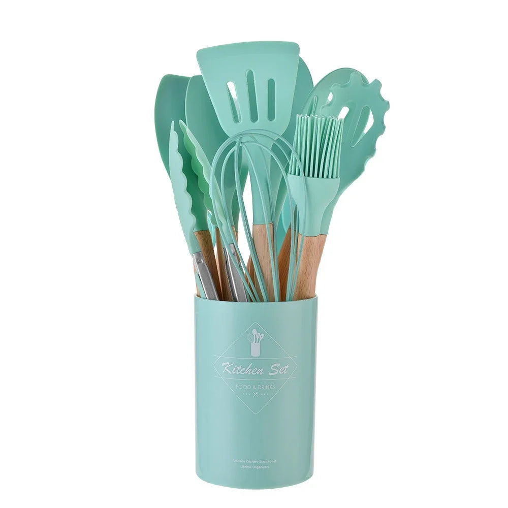 12-Piece Silicone Kitchen Utensil Set with Wooden Handles