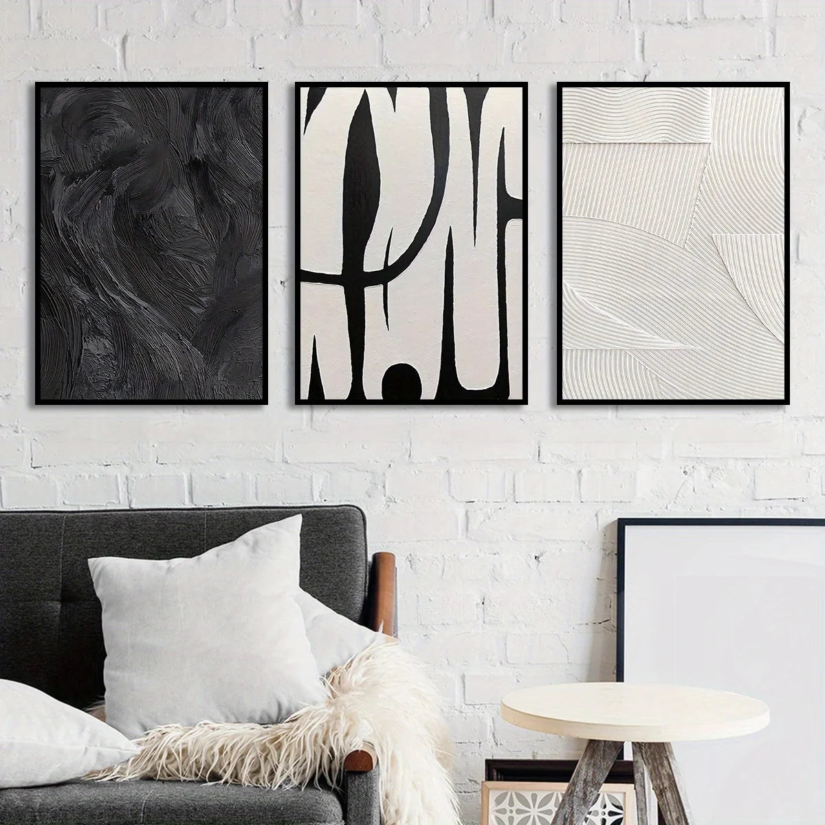 Abstract Black & White Canvas Wall Art Set of 3 | Texture Prints