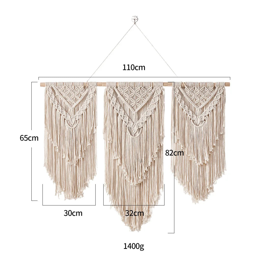 Large Boho Macrame Wall Hanging with Wooden Stick and Tassels