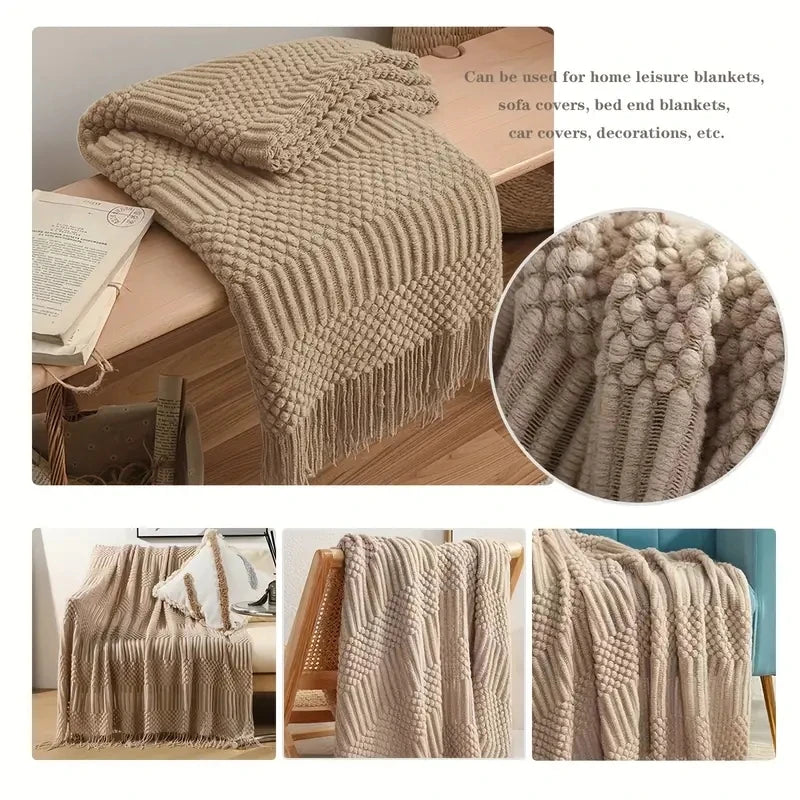 Chunky Knit Throw Blanket with Tassels – Khaki Farmhouse Oversized