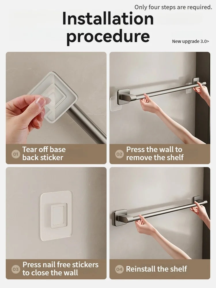 No Drill Towel Bar Wall Mounted Self Adhesive Bathroom Rack
