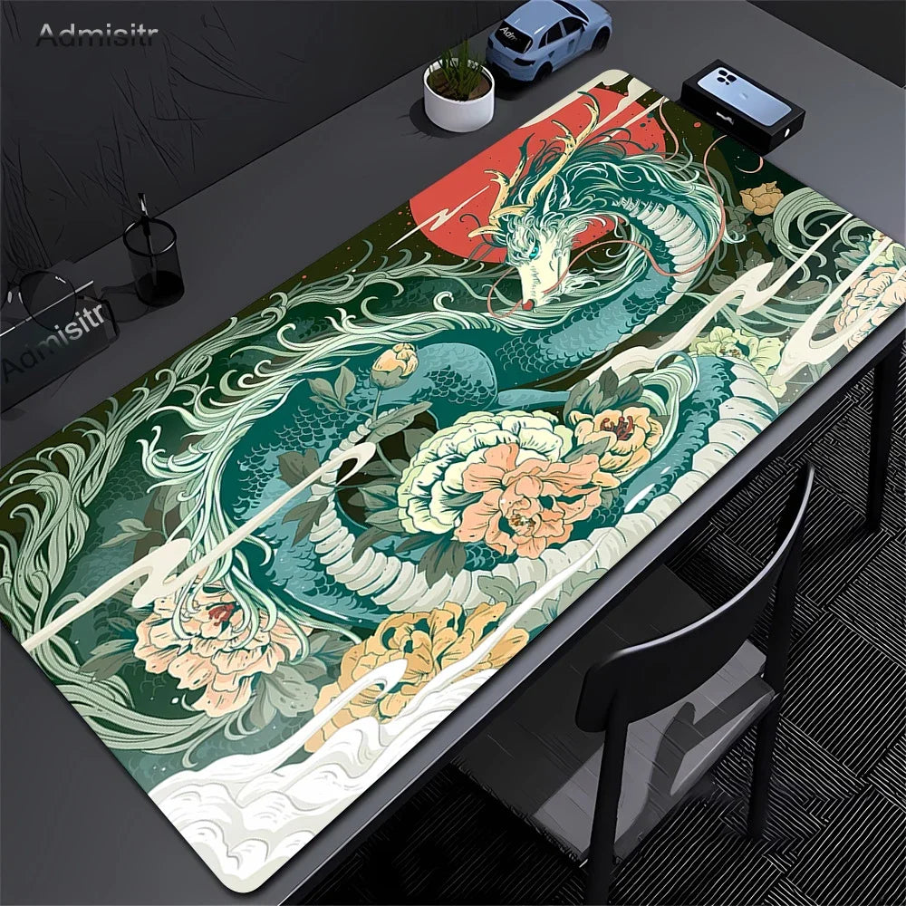 XXL Dragon Anime Gaming Desk Mat | Black & White Non-Slip Mouse Pad