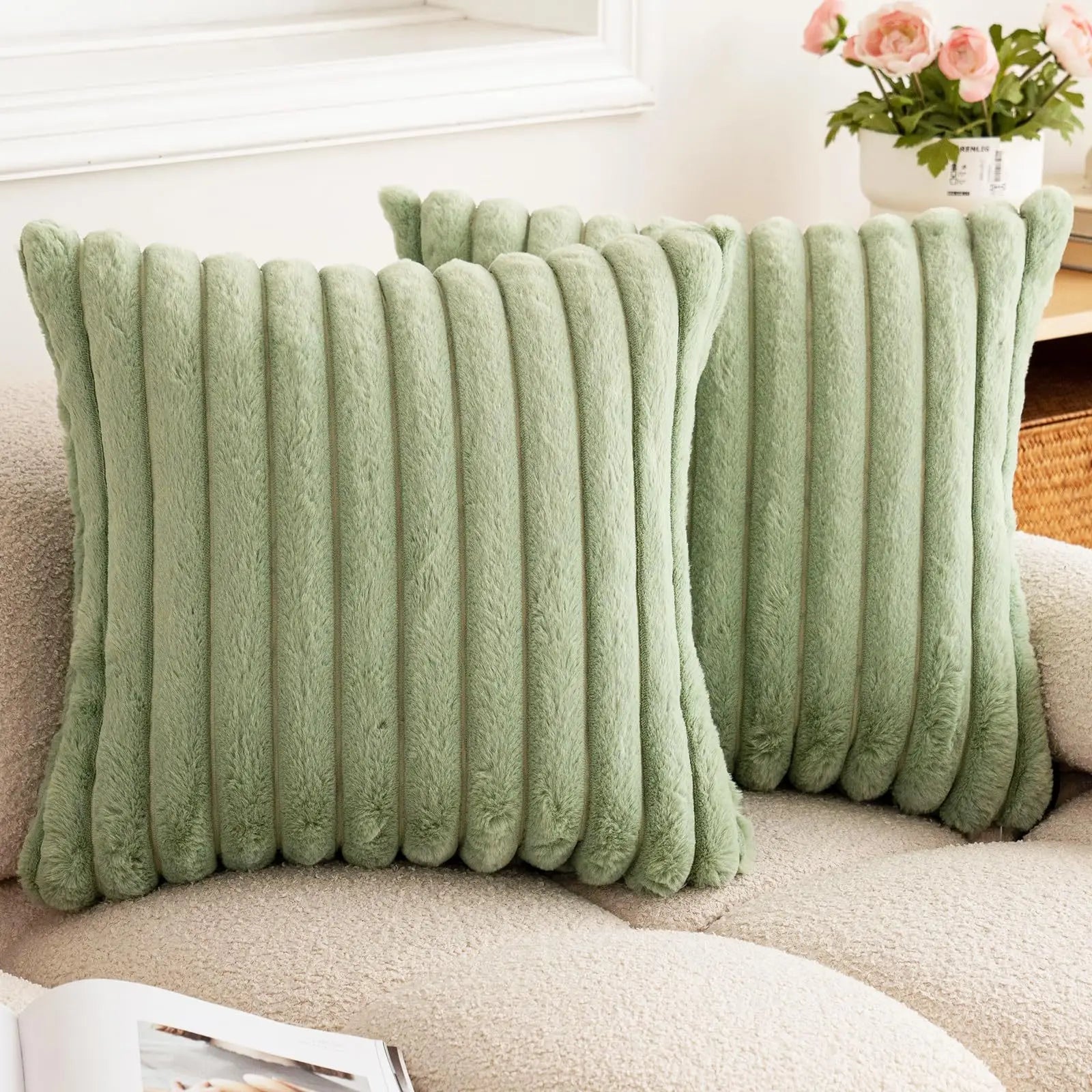 Faux Rabbit Fur Throw Pillow Cover 24x24 Striped Soft Sofa Cushion