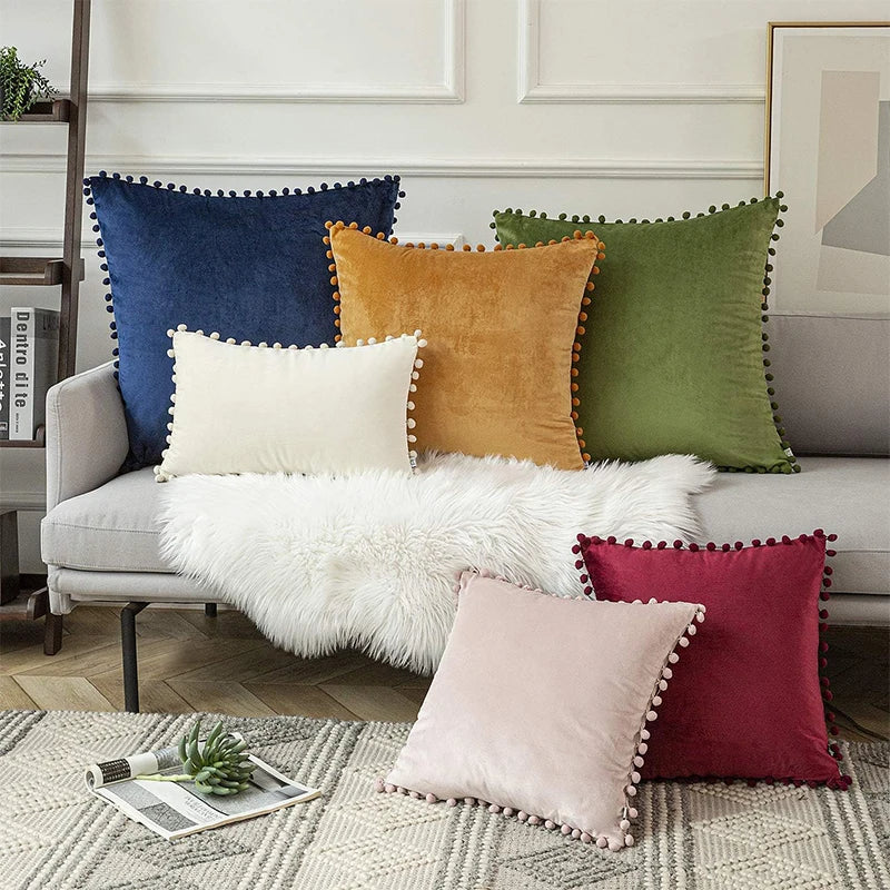 Burgundy Velvet Throw Pillow Cover with Pom Pom Trim