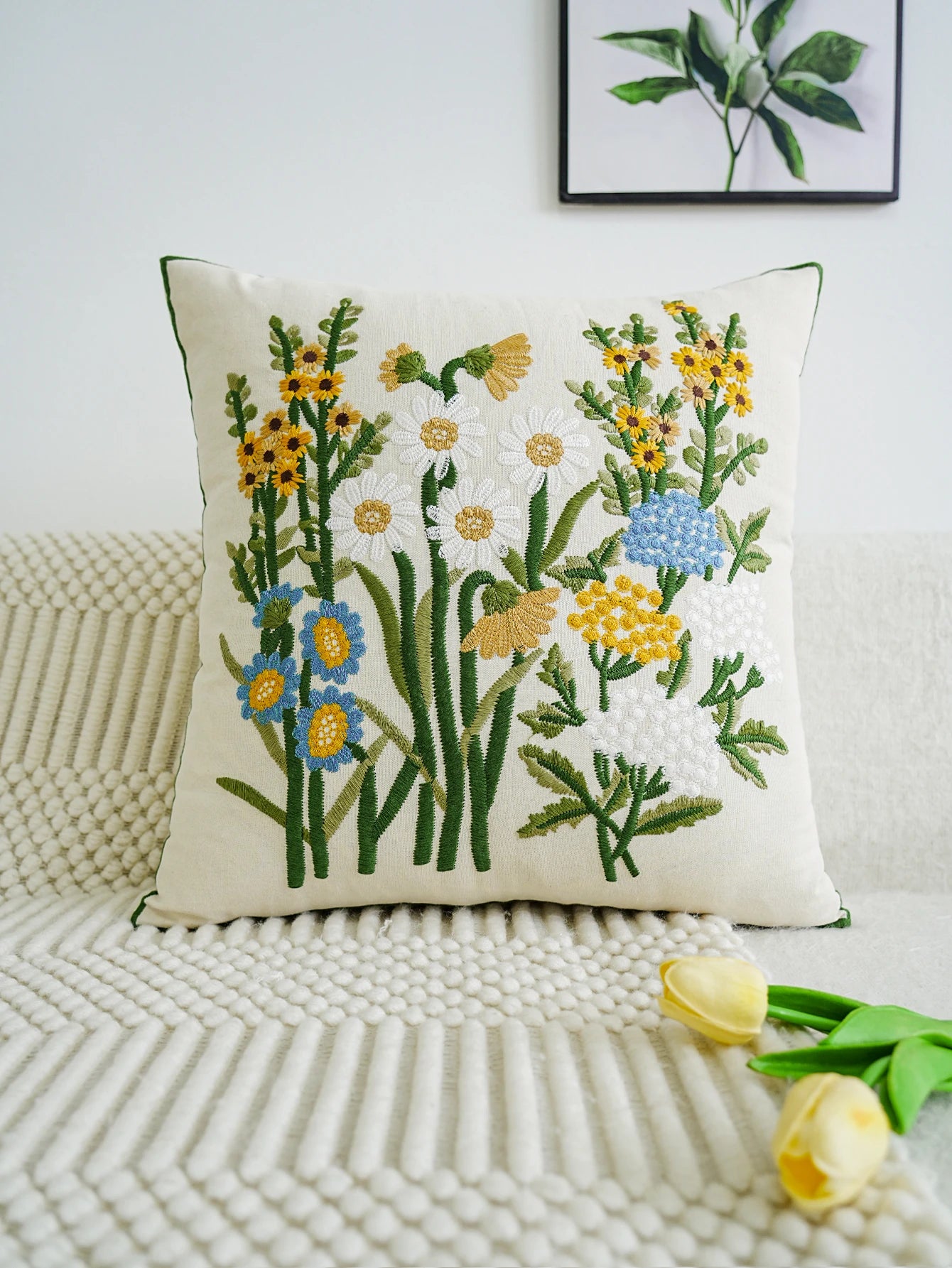 Floral Embroidered Cushion Cover | Garden Botanical Pillow Cover