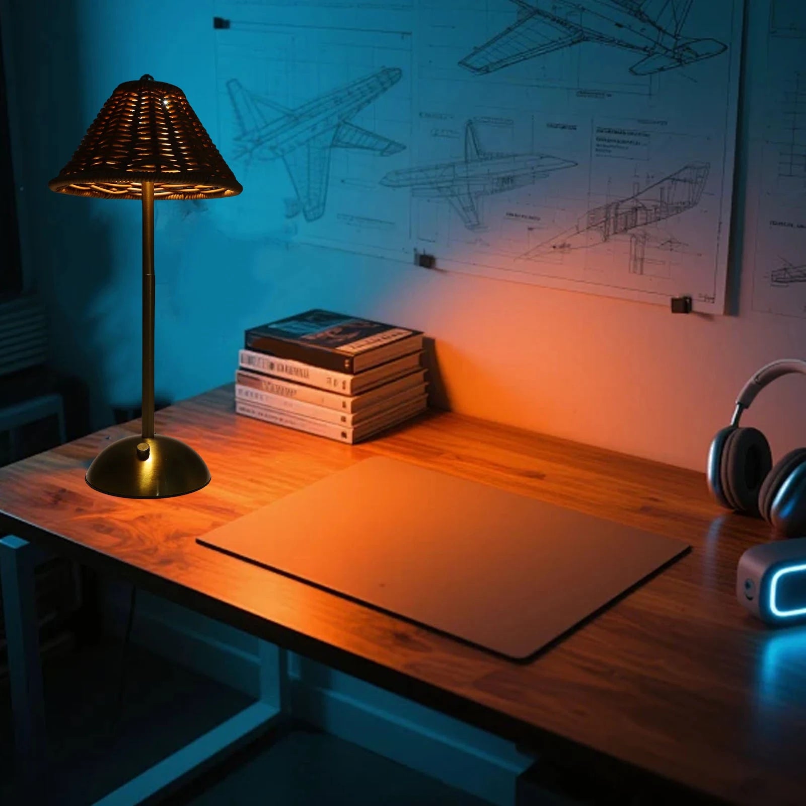 Rechargeable Rattan Table Lamp Dimmable LED Bedside Reading Light