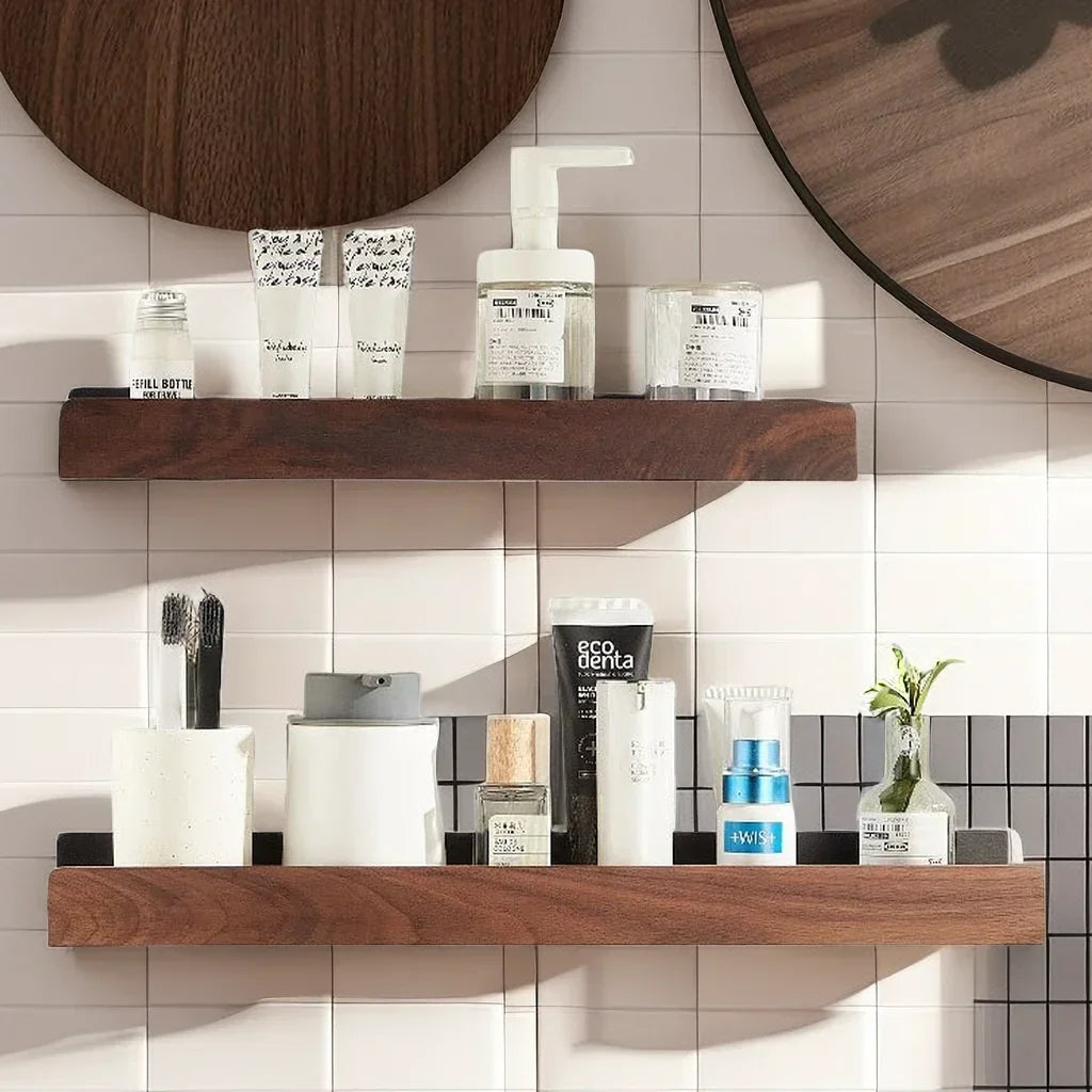 Wall Mounted Bathroom Shelf No Drill Solid Wood Storage Rack