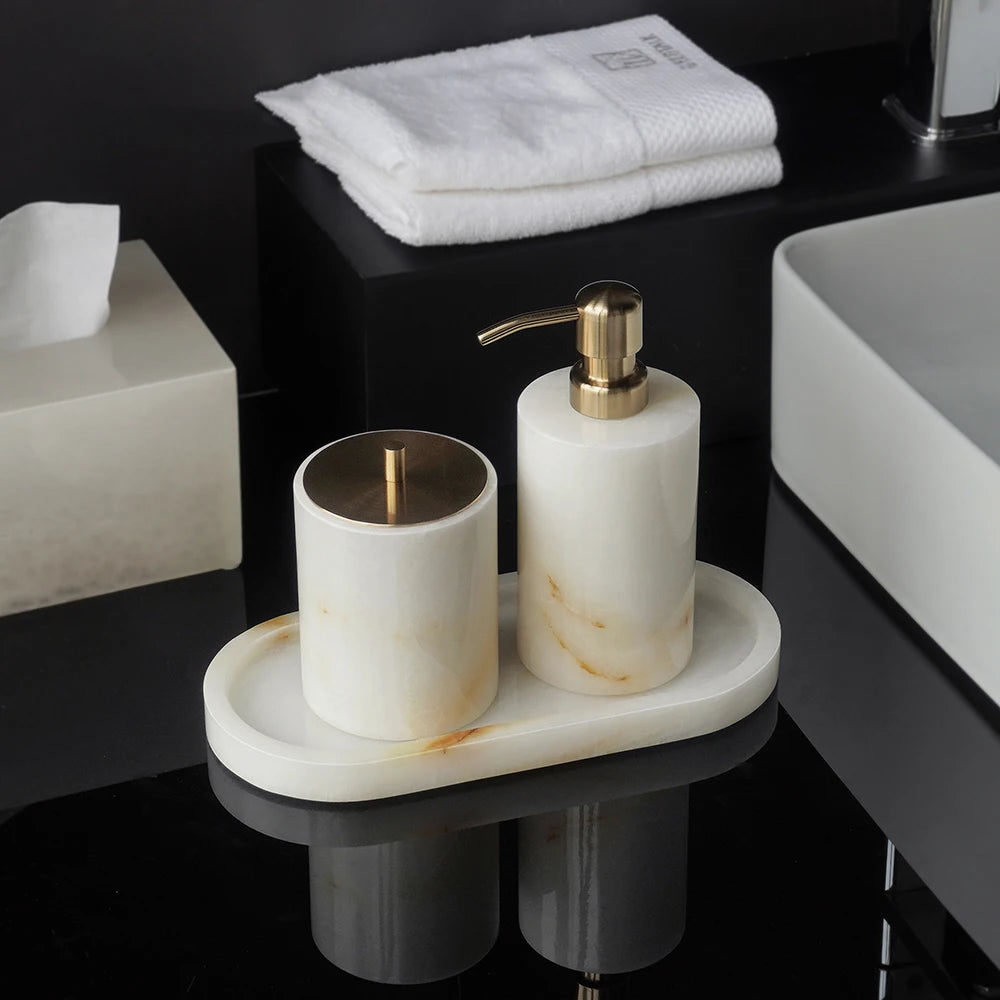 White Onyx Marble Bathroom Accessories Set with Soap Dispenser & Tray