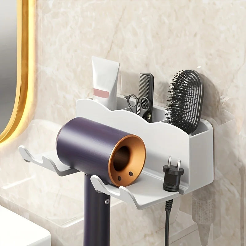 Wall Mounted Hair Dryer Holder No Drill 2-in-1 Compact Storage Rack