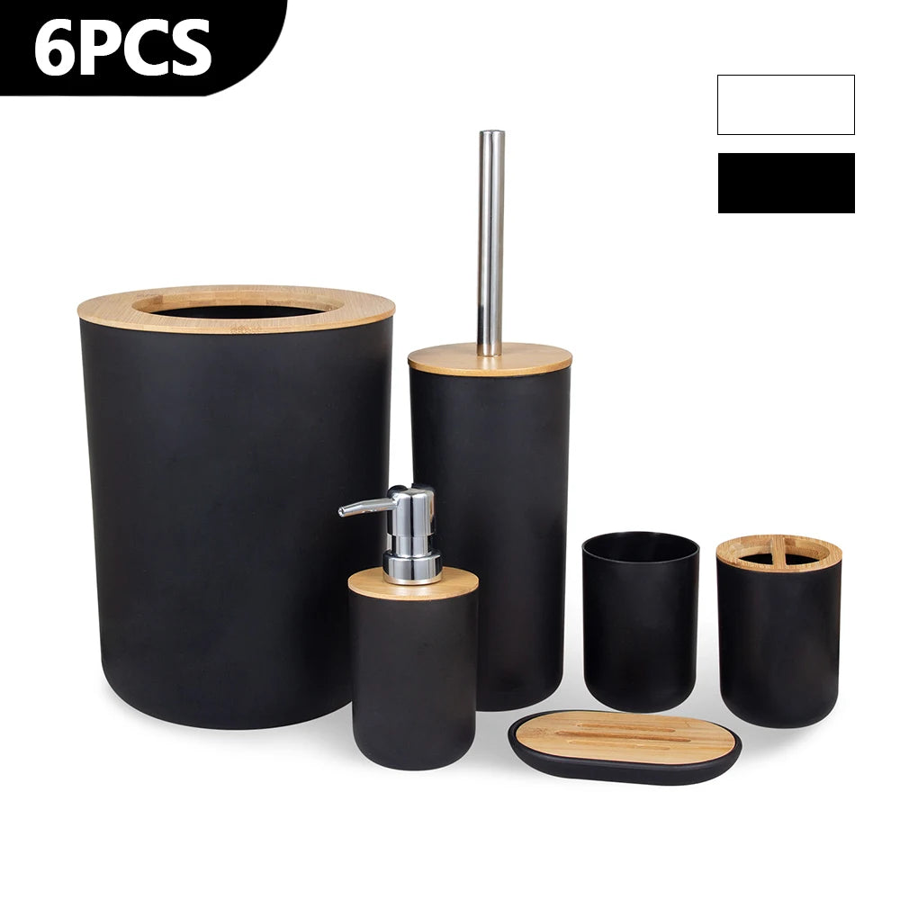 6-Piece Bamboo Bathroom Accessories Set with Soap Dispenser & Toothbrush Holder