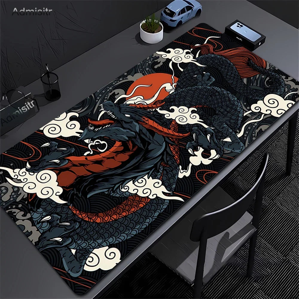 XXL Dragon Anime Gaming Desk Mat | Black & White Non-Slip Mouse Pad