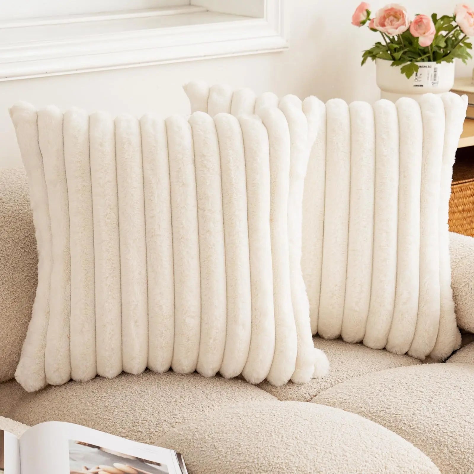 Faux Rabbit Fur Throw Pillow Cover 24x24 Striped Soft Sofa Cushion