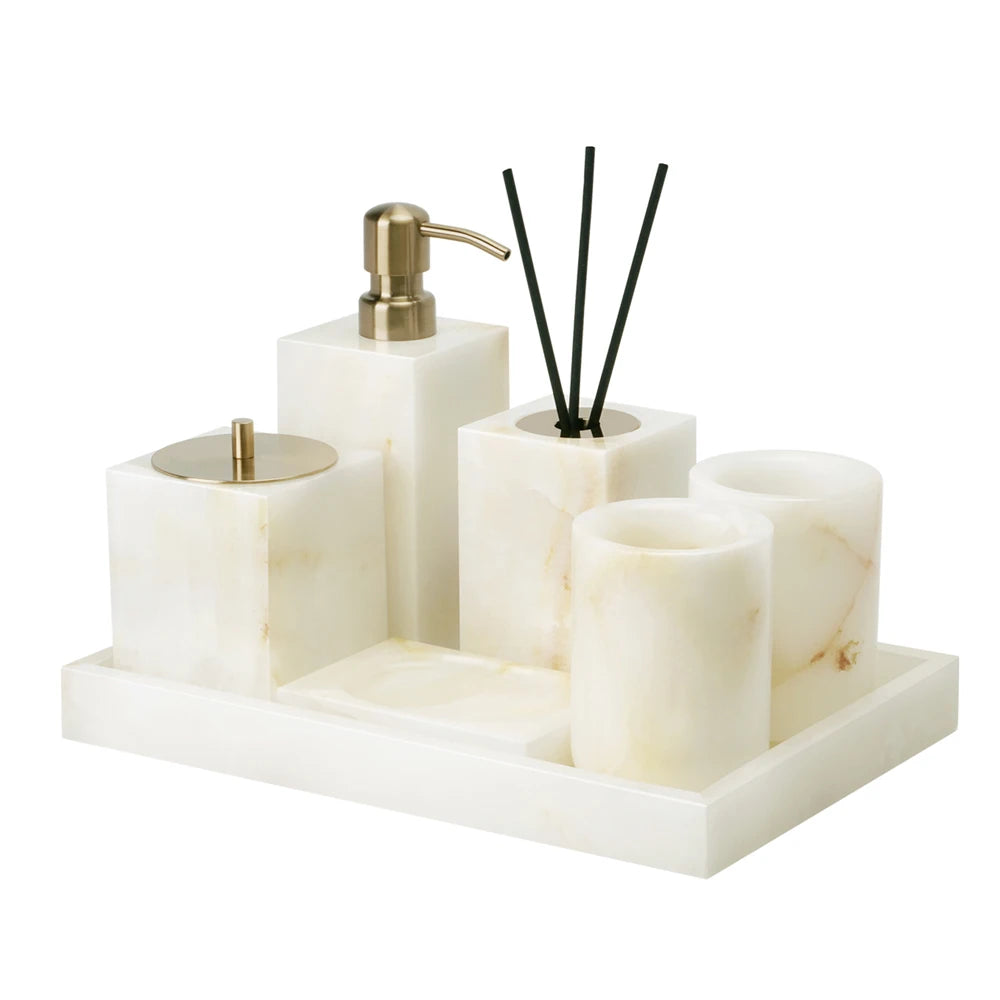 White Onyx Marble Bathroom Accessories Set with Soap Dispenser & Tray
