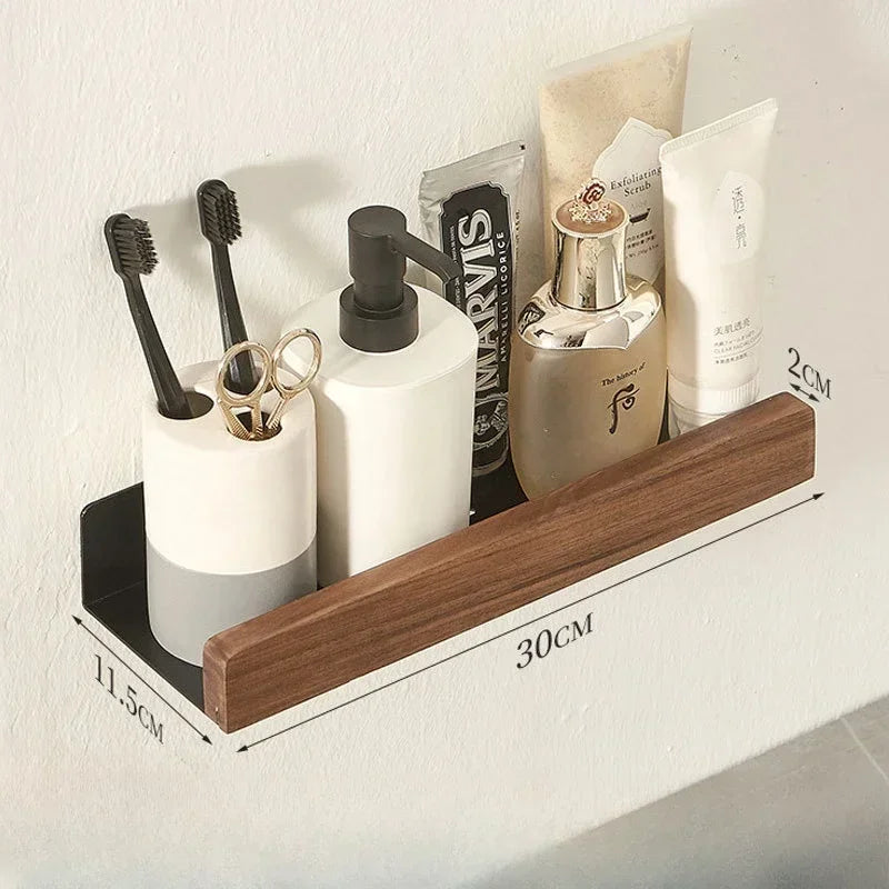 Wall Mounted Bathroom Shelf No Drill Solid Wood Storage Rack