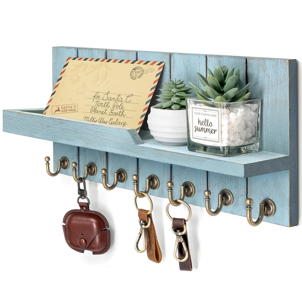 Wooden Key Holder Wall Mounted with Shelf and 7 Hooks for Entryway