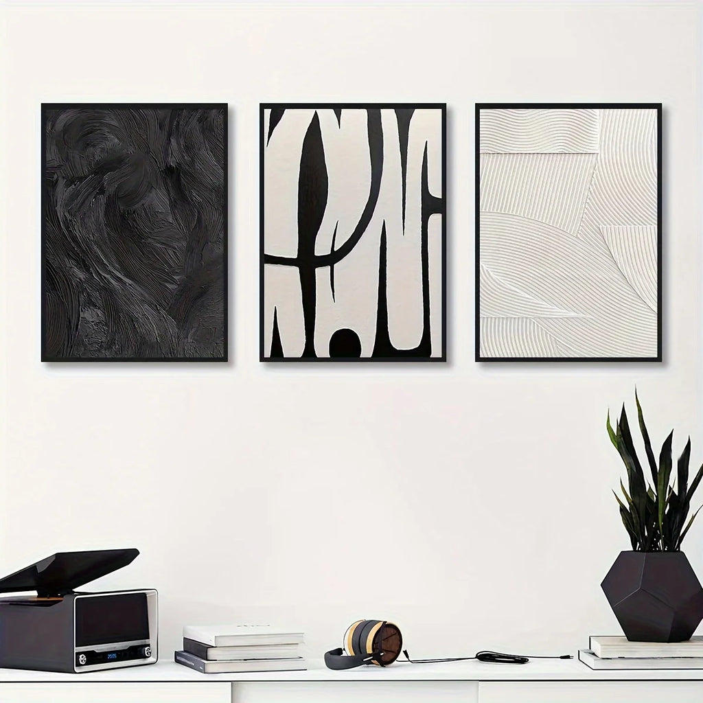 Abstract Black & White Canvas Wall Art Set of 3 | Texture Prints