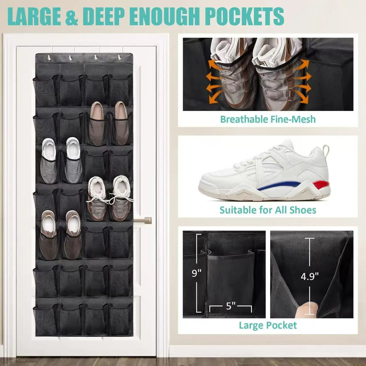 Over Door Shoe Rack Organizer with Large Mesh Pockets - 12 to 40 Pockets