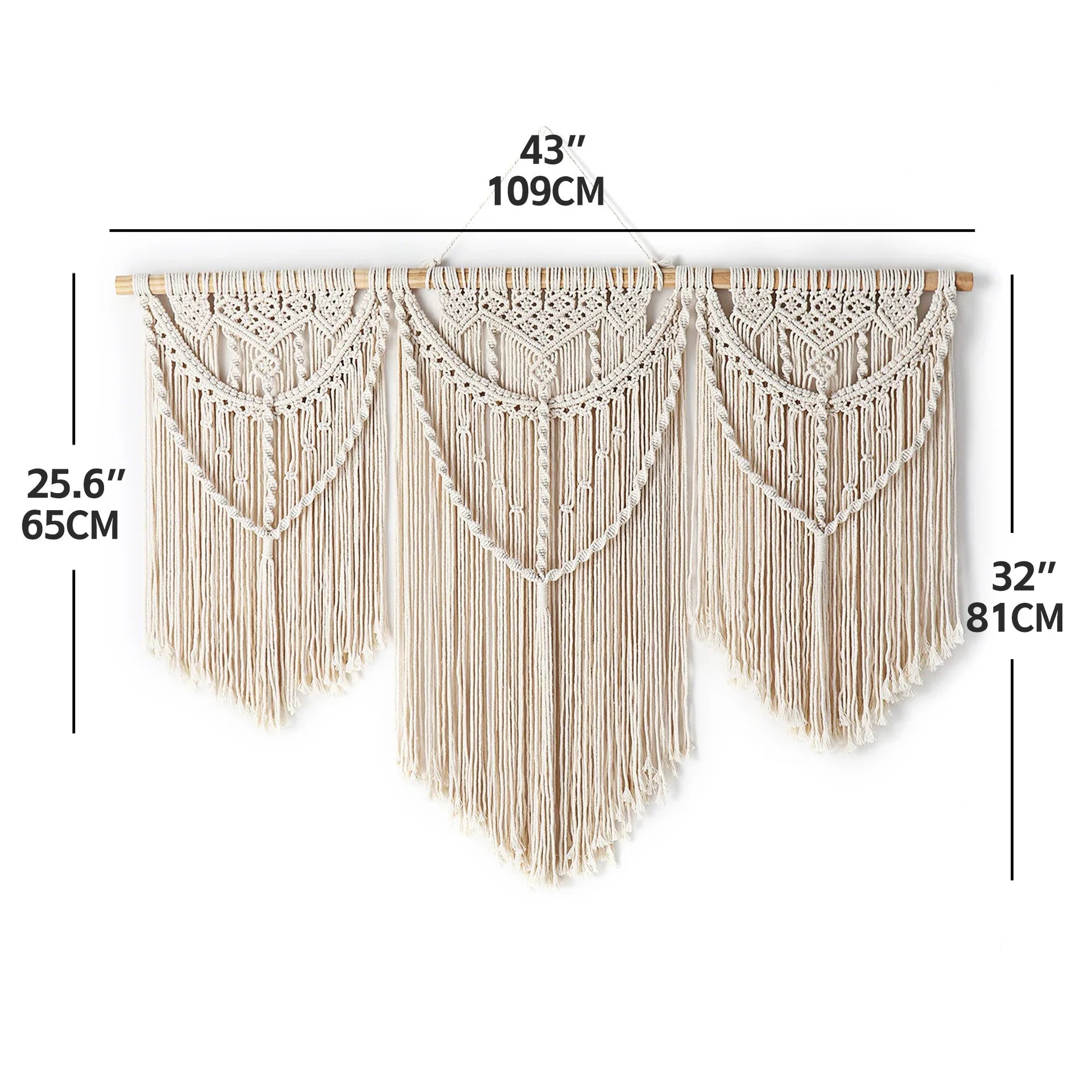 Large Boho Macrame Wall Hanging with Wooden Stick and Tassels