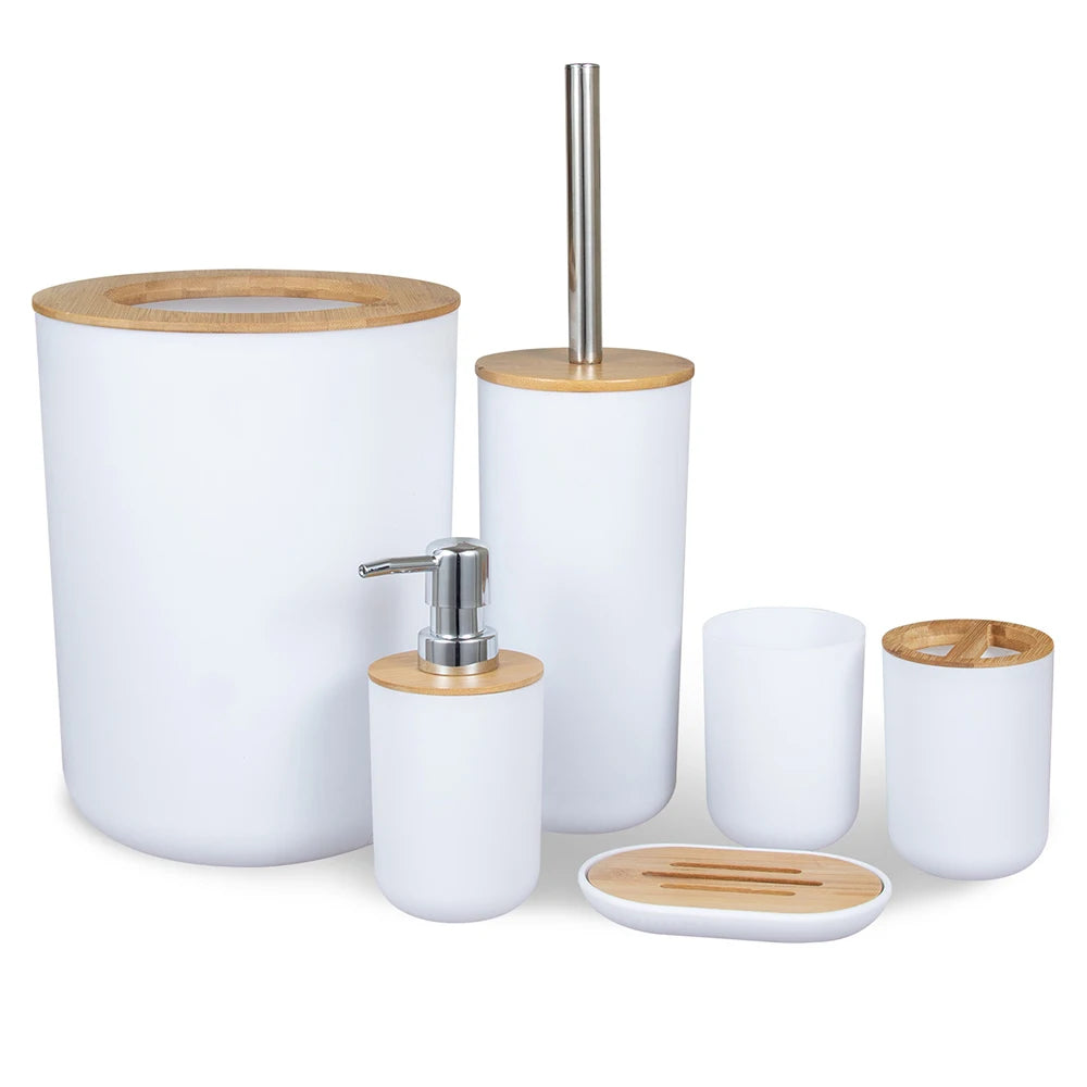 6-Piece Bamboo Bathroom Accessories Set with Soap Dispenser & Toothbrush Holder