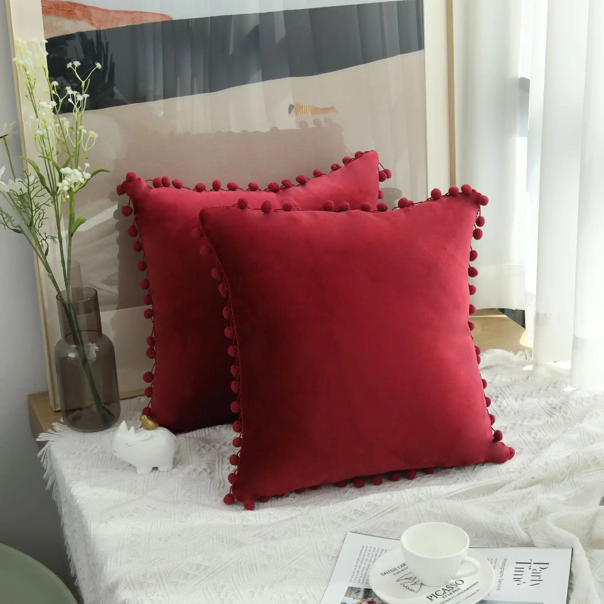 Burgundy Velvet Throw Pillow Cover with Pom Pom Trim