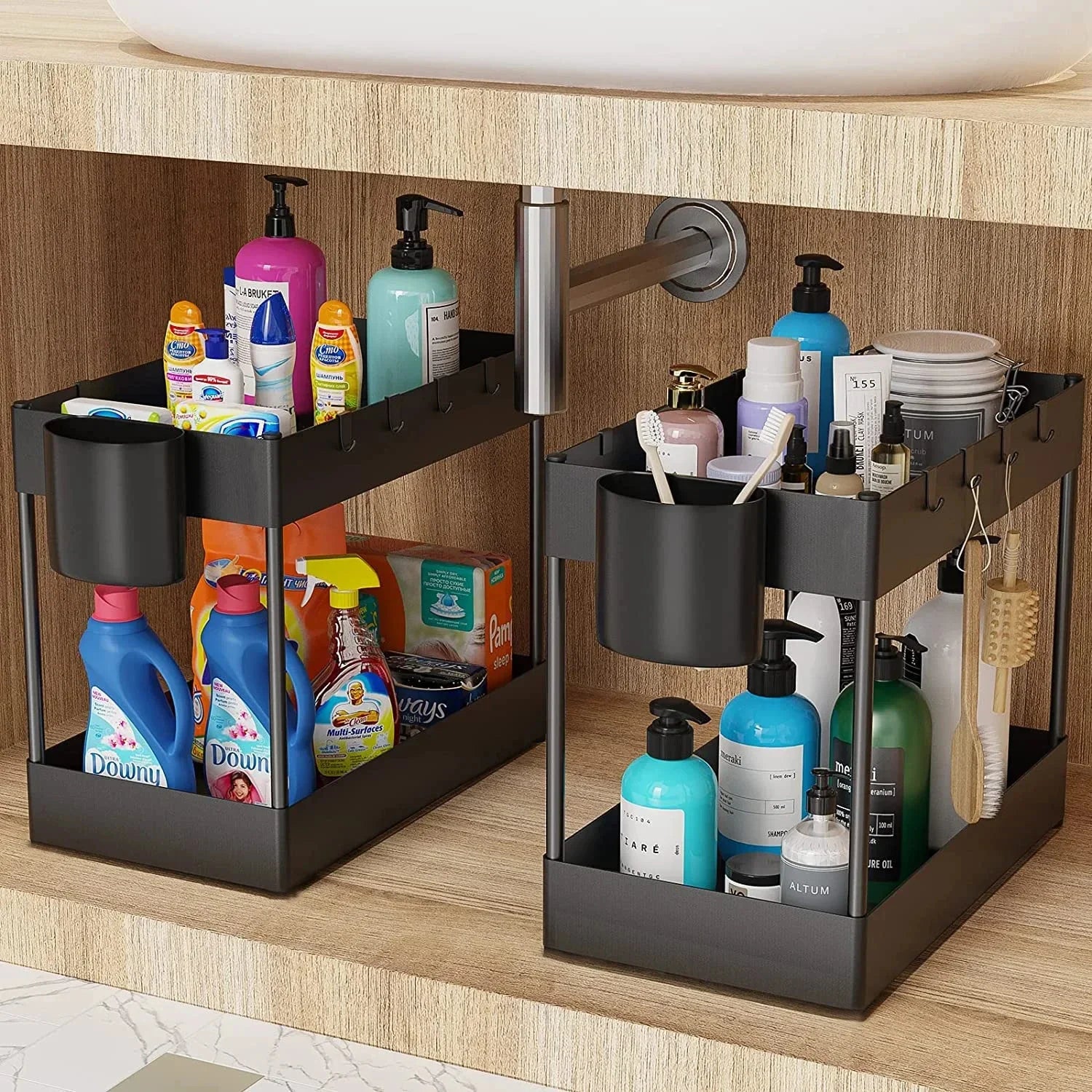 2-Tier Under Sink Organizer with Sliding Baskets and Hooks