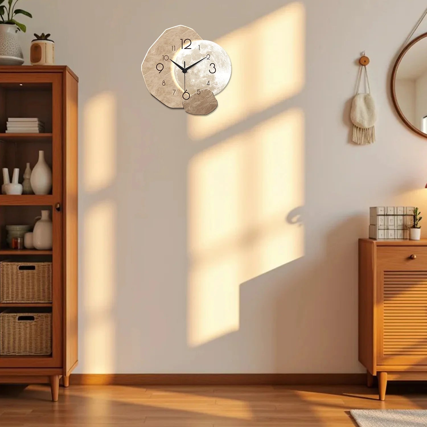 Modern Silent Wall Clock with Moon Design – Wooden, 34.7cm