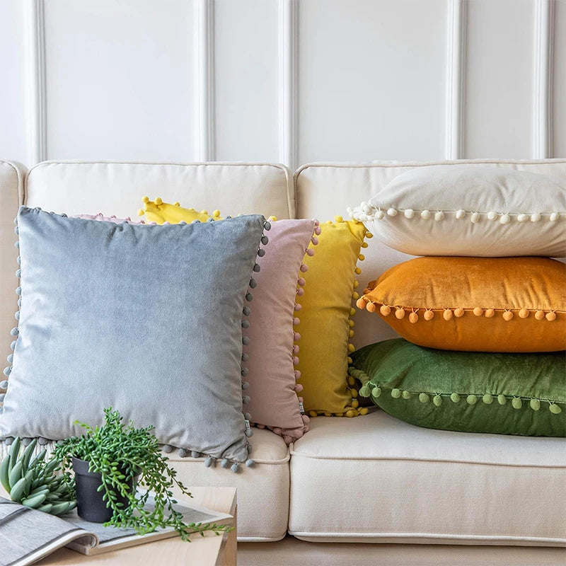 Burgundy Velvet Throw Pillow Cover with Pom Pom Trim