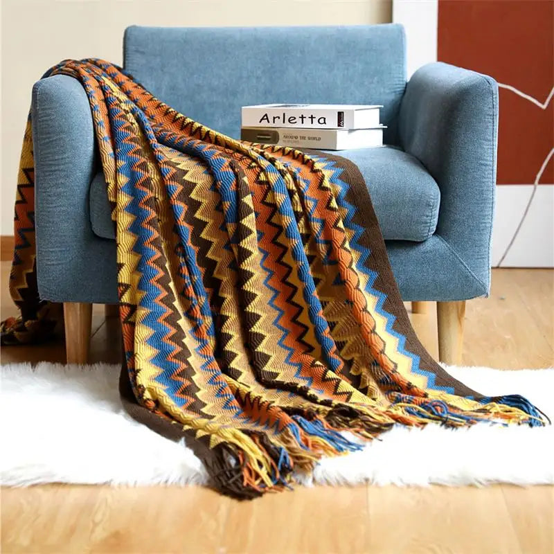 Hand Knitted Blanket with Tassel | Bohemian Soft Acrylic Throw