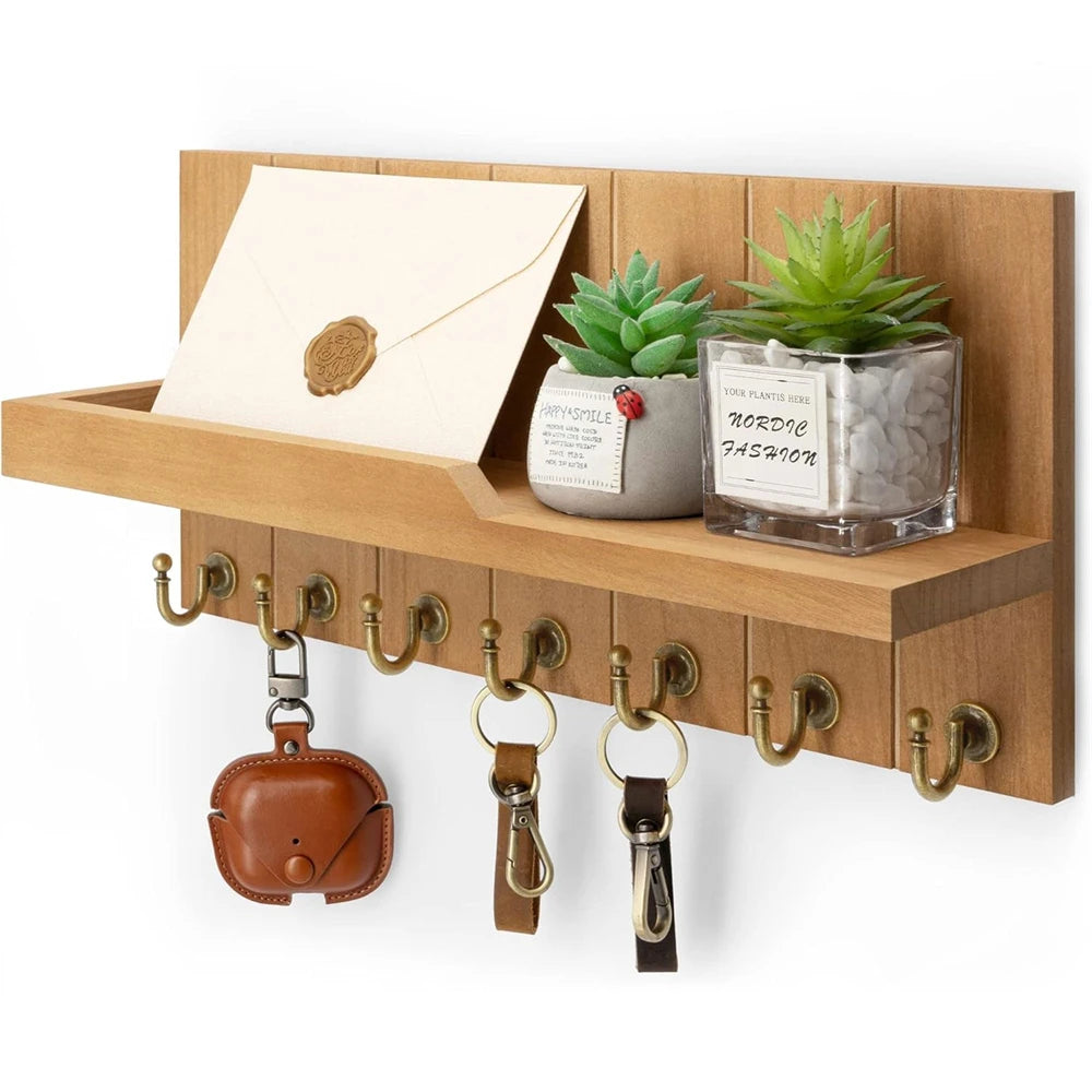 Wooden Key Holder Wall Mounted with Shelf and 7 Hooks for Entryway