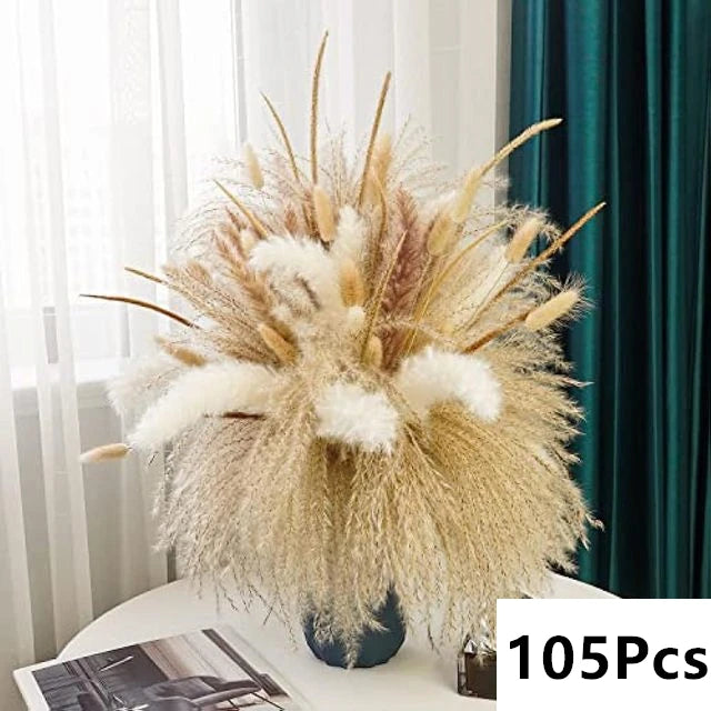 Natural Pampas Grass Dried Bouquet with Bunny Tails for Boho Vase Decor