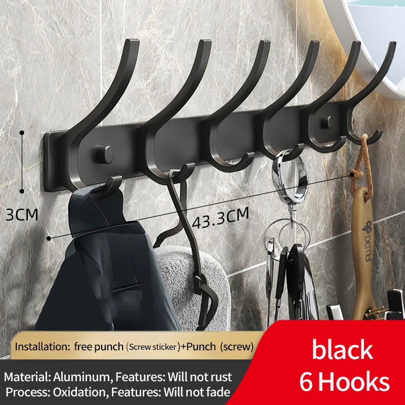Folding Robe Hooks Wall Mounted Towel Hanger - 6 Hook Aluminum Rack