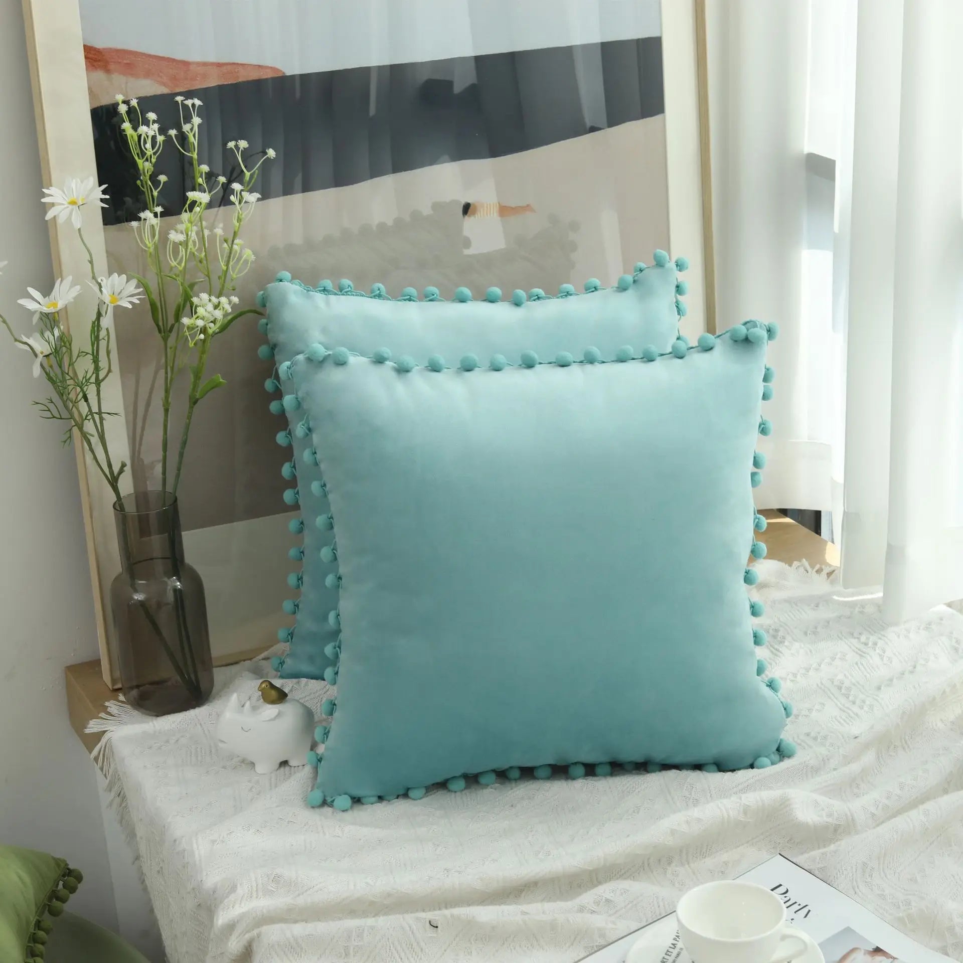 Burgundy Velvet Throw Pillow Cover with Pom Pom Trim