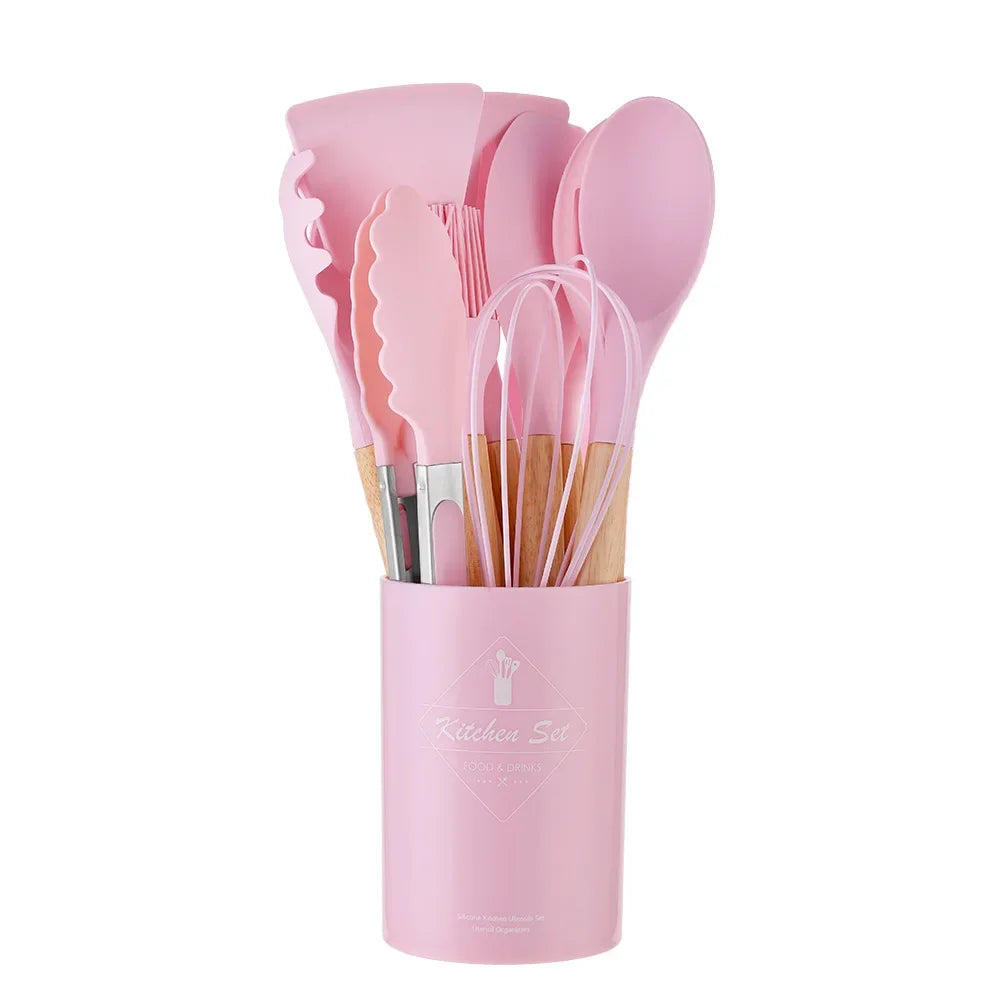 12-Piece Silicone Kitchen Utensil Set with Wooden Handles