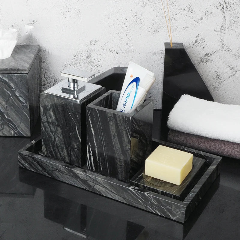 Black Marble Bathroom Accessories Set – Toothbrush Holder, Soap Dispenser & Dish Tray
