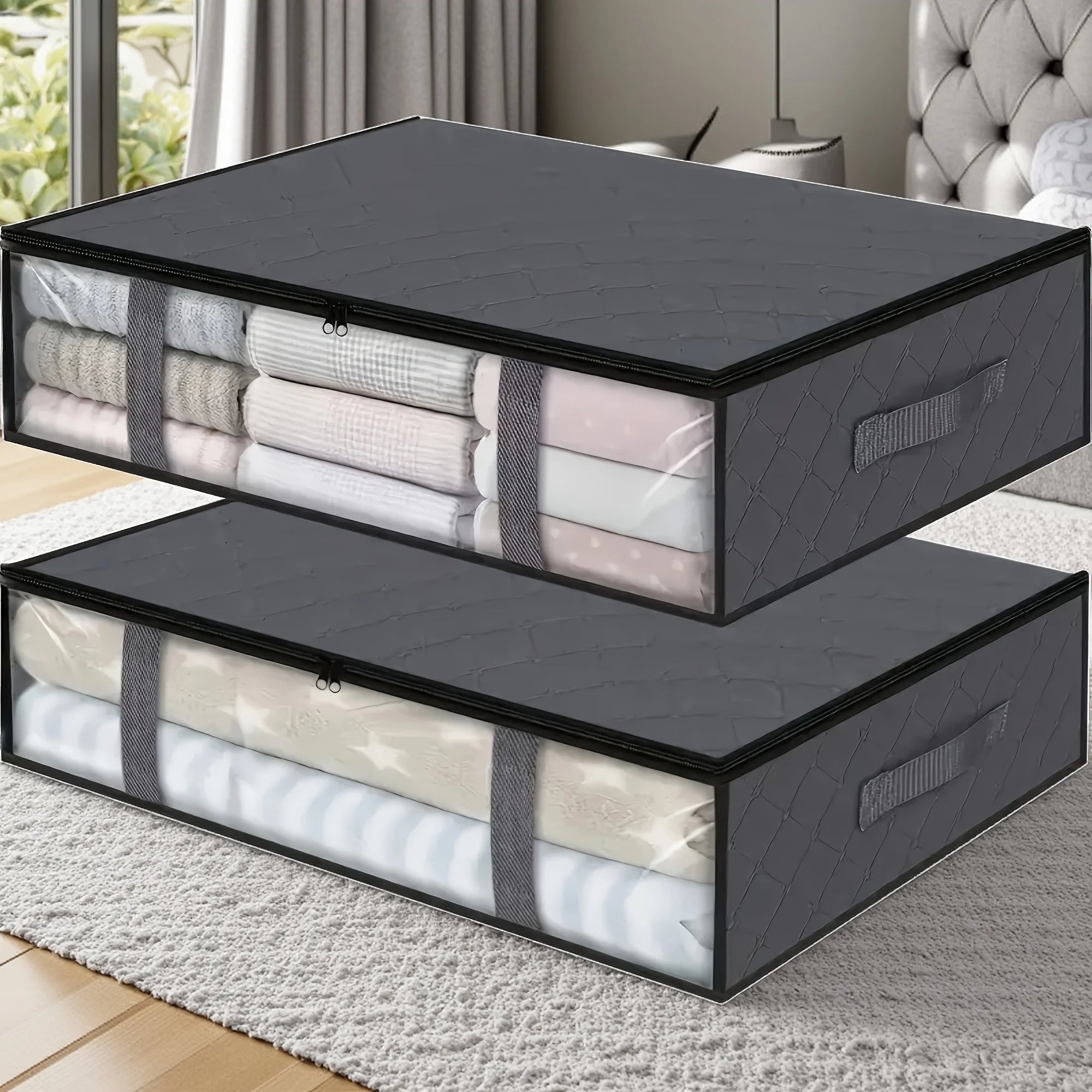 Under Bed Storage Bags Large Non-Woven with Clear Window & Reinforced Handles for Comforters (2 Pack)