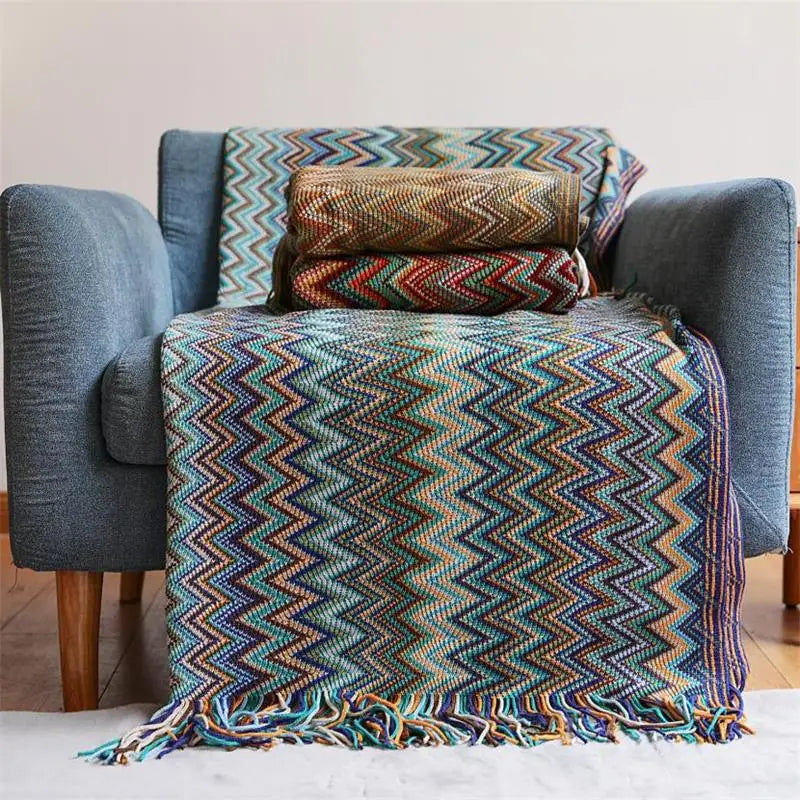 Hand Knitted Blanket with Tassel | Bohemian Soft Acrylic Throw