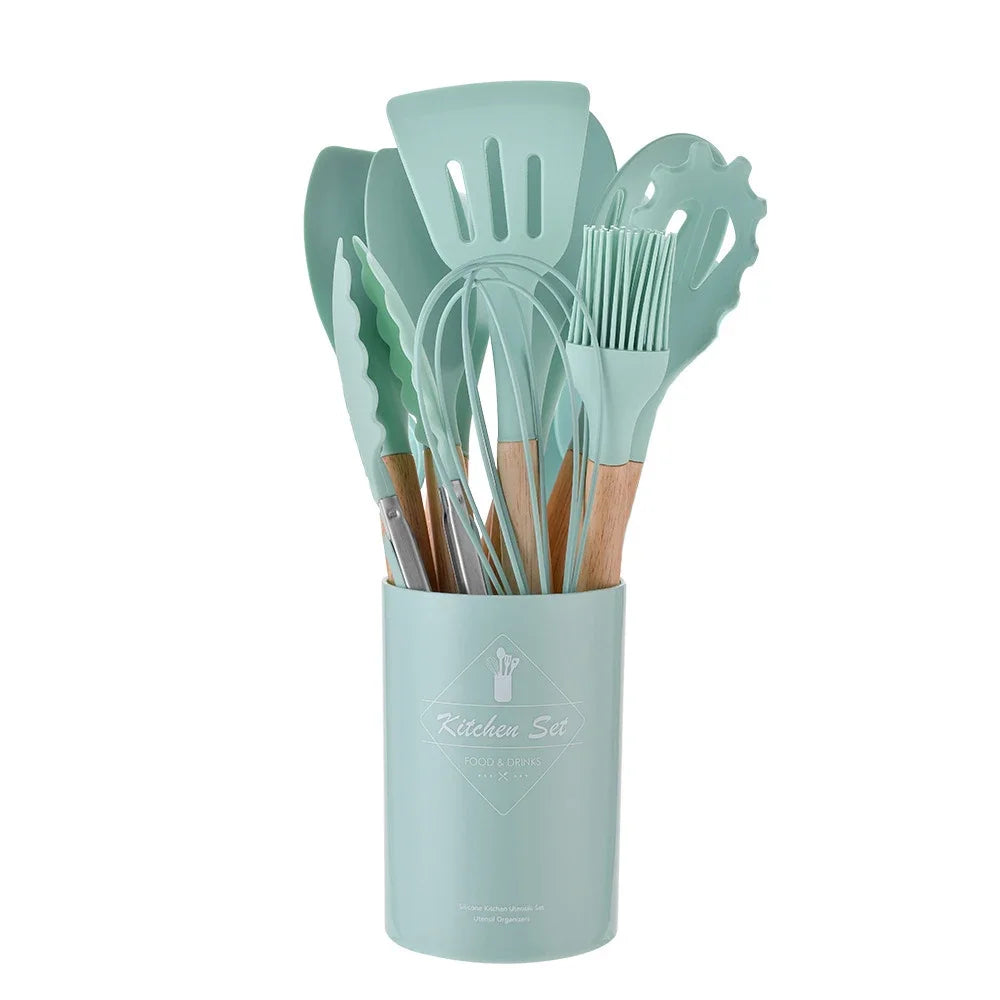 12-Piece Silicone Kitchen Utensil Set with Wooden Handles