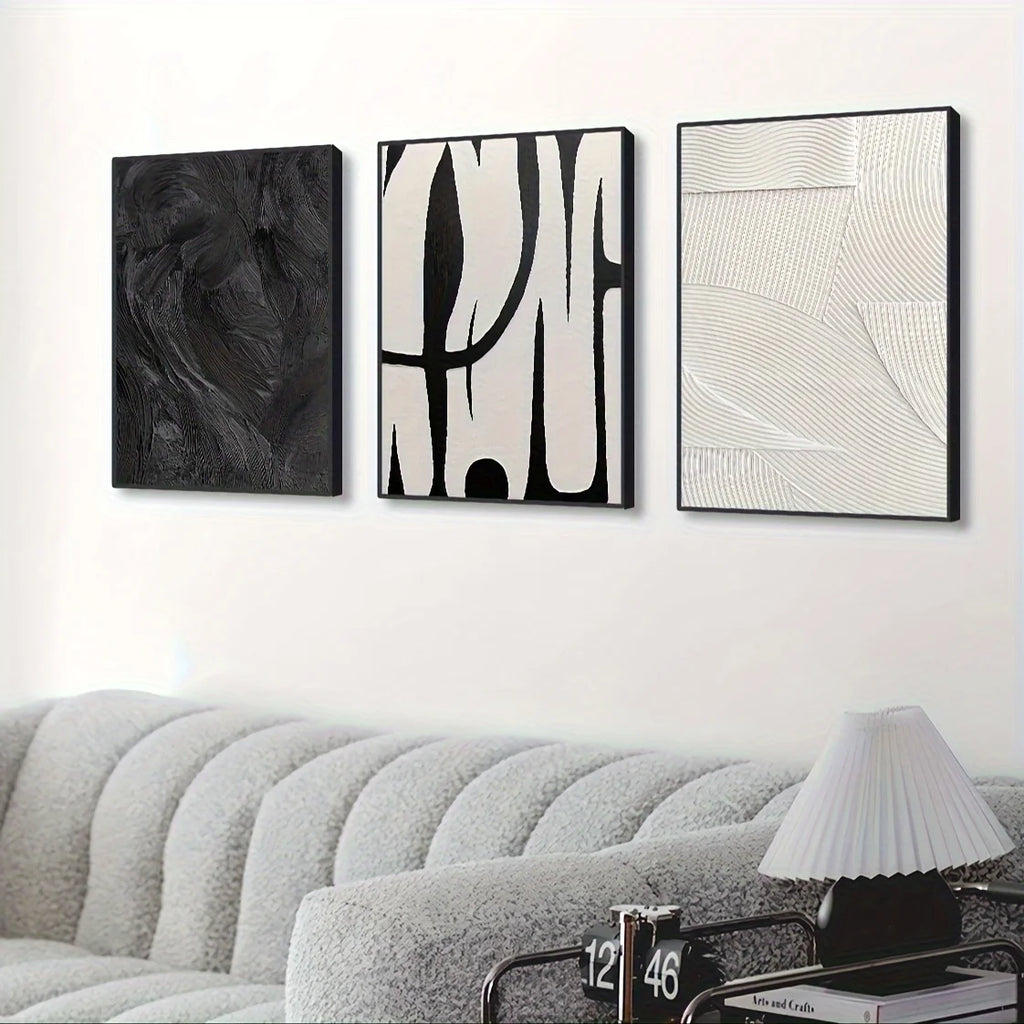 Abstract Black & White Canvas Wall Art Set of 3 | Texture Prints