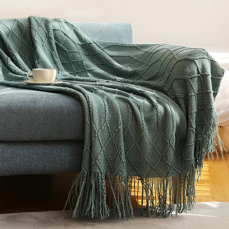 Chunky Knit Throw Blanket with Tassels – Khaki Farmhouse Oversized