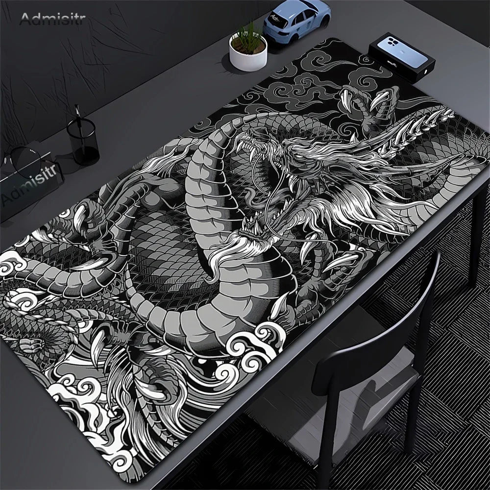 XXL Dragon Anime Gaming Desk Mat | Black & White Non-Slip Mouse Pad