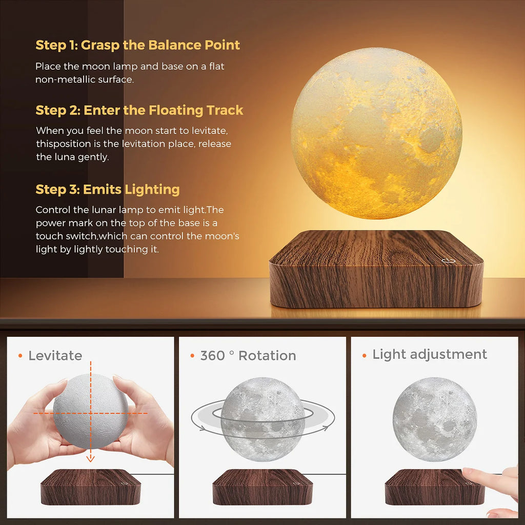 Levitating Moon Magnetic Floating Night Light 3D LED Lamp Wooden Base